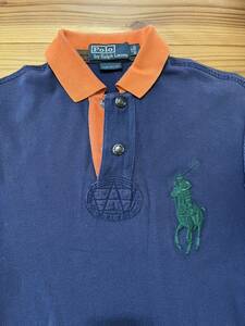 POLO RalphLauren ビックポニー 半袖ポロシャツ ラルフローレン CUSTUM FIT XSサイズ 165/88A ヴィンテージデザイン 紺色×オレンジ