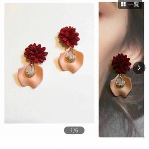 赤いフラワーと花びら&雫　ピアス　イヤリング　ハンドメイド