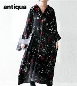 美品！antiqua フラワードット ワンピース ドルマンスリーブ　ゆったり フラワー花柄 ロングワンピース ゆったり