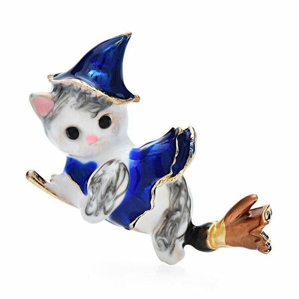 ①猫 ブローチ 魔法使い 魔女 プレゼント ハロウィン ブルー 青 ねこ ネコ