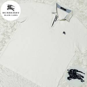  превосходный товар * большой размер [4/XL] Burberry Black Label * рубашка-поло короткий рукав полоса белый белый шланг вышивка BURBERRY BLACK LABEL редкий 