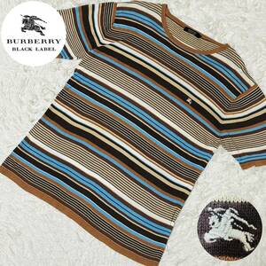 希少◆3(L)◆バーバリーブラックレーベル Tシャツ 半袖 マルチボーダー ホース刺繍 イタリア製高級糸使用 ブラウン系 BURBERRY BLACK LABEL