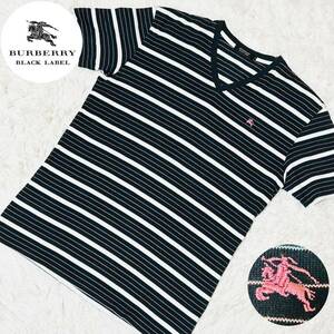極美品◎サイズ3(L)◆バーバリーブラックレーベル BURBERRY BLACK LABEL Tシャツ 半袖 ホースロゴ刺繍 Vネック ボーダー ネイビー系 日本製