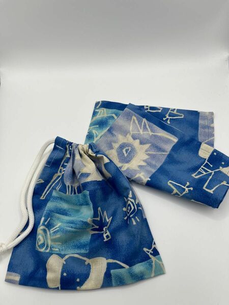 L53ランチョマット&コップ巾着袋　2点セット青色、アニマル柄