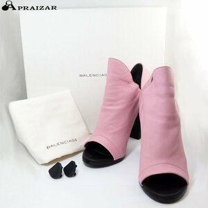 BALENCIAGA バレンシアガ レザー ミュール風 オープントゥ パンプス 38 ピンク ヒール11cm 箱・収納袋・替えヒールゴム付 [63669]