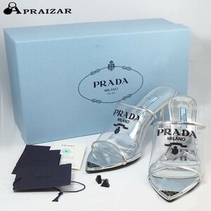 未使用 PRADA プラダ クリア トライアングル ロゴ プレート サンダル シルバー 36 レディース ケース付 [64227]