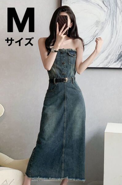 ベルト付き オフショルダー デニムワンピース Mサイズ デニム
