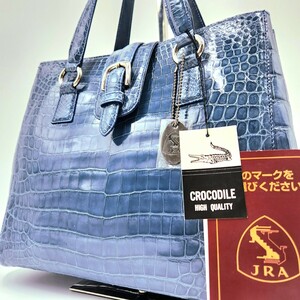 обычная цена 30 десять тысяч!!! не использовался хранение товар!!![SANPO]JRA одобрено крокодил . кожа ручная сумочка большая сумка синий голубой сияющий плечо ..