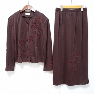 #anc モンク MONK スカートスーツ ツーピース セットアップ 茶 ノーカラー 刺繍 花柄 ビーズ 薄手 ロング レディース [821152]