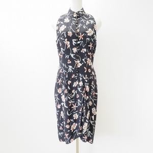 #sxc Chanel CHANEL One-piece 97P 40 black silk floral print clover button no sleeve France made lady's [830817]
