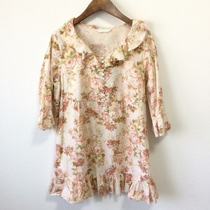 #snc Pink House PINKHOUSE tunic pink series yellow green 7 minute sleeve frill floral print lady's [871046]