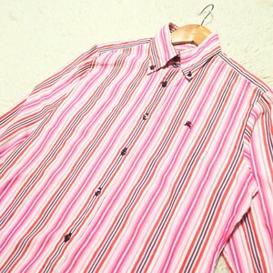 [1 иен ~] редкий полоса рисунок Burberry Black Label рубашка с длинным рукавом шланг вышивка кнопка down рубашка розовый BURBERRY BLACK LABEL