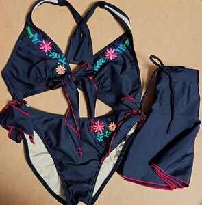  used * swimsuit bikini 3 point set M size black flower embroidery lady's Home have been cleaned anonymity delivery including in a package possible 