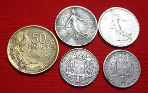 コイン　50フラン 1951年/1フラン ２枚1960、1964年/ ギリシャ　1ドラクマ　２枚1962、1970年　中古