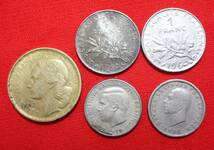コイン　50フラン 1951年/1フラン ２枚1960、1964年/ ギリシャ　1ドラクマ　２枚1962、1970年　中古_画像4
