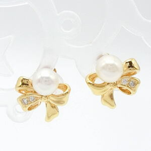 [ free shipping ]tasaki pearl TASAKI K18 Akoya pearl diamond ribbon design earrings * finishing settled beautiful goods *