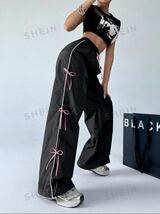 韓国 シーン ピンク リボン 黒 ブラック パンツ sサイズ_画像3
