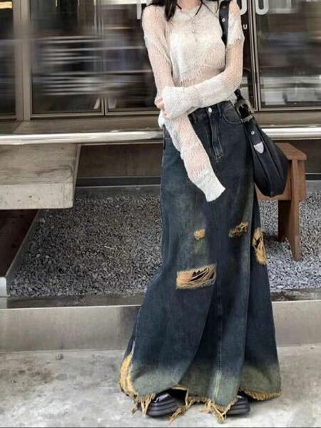 韓国 y2k ストリート デニムスカート 長め ウォッシュ 裾切りっぱなし sサイズ