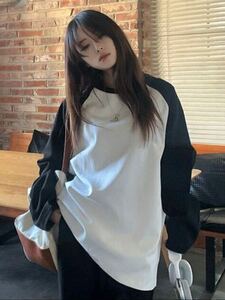 韓国 長袖 y2k オーバーサイズシャツ ラグラン ろんT 白×黒 トップス mサイズ