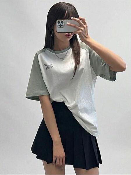韓国 半袖 y2k オーバーサイズシャツ ラグラン トップス sサイズ 白×グレー