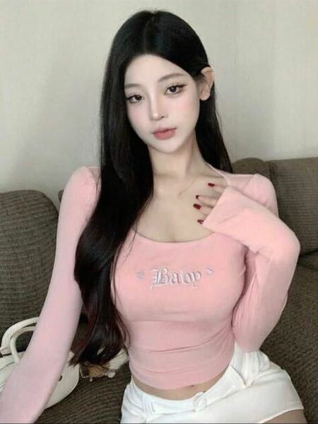 韓国 トップス ピンク コーラルピンク サーモンピンク ロングスリーブ sサイズ