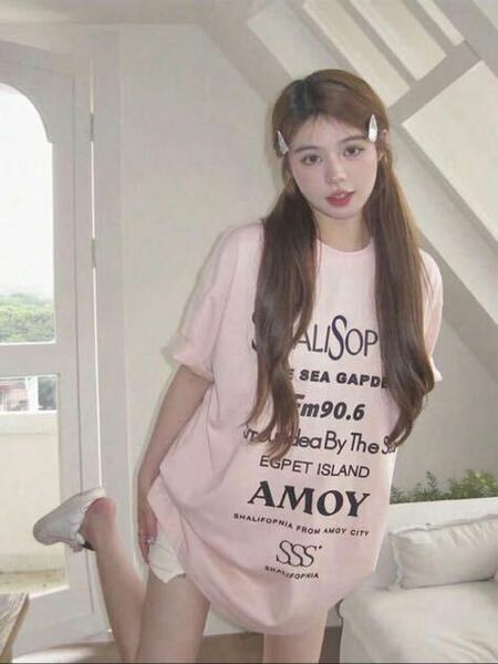 韓国 トップス ゆったり tシャツ 半袖 ピンク