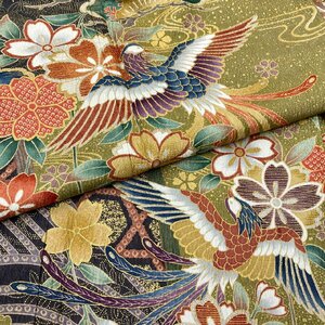  kimono month flower gold paint possible .. flower phoenix long-sleeved kimono silk ki1660