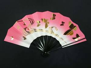 【BC】扇子　金箔蝶々　ピンク天ぼかし　ピンク　金　白　未使用　舞扇子　日本舞踊　大衆演劇　和小物　舞台