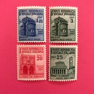 外国未使用切手★イタリア 1944.45年 破壊された建物 4種
