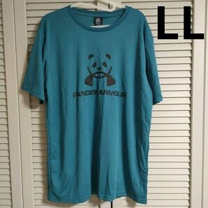 オモシロデザイン パンダ 半袖 Tシャツ 青緑 ブルー メンズ LL XL