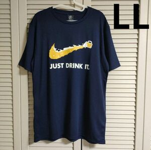 オモシロデザイン ビール お酒好き 半袖 Tシャツ 紺色 ネイビー メンズ LL XL