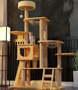  cat tower transparent space ship strong .. put wooden flax cord nail .. ball cat bed large wood grain many head .... put type nail .. cat tower height 177cm