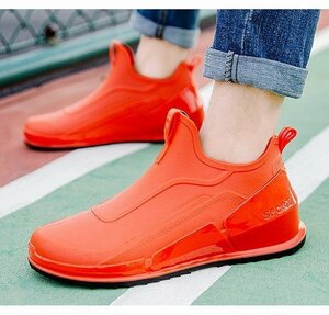 レインシューズ レインブーツ メンズ 雨靴 歩きやすい 防水 サイドゴア スニーカー おしゃれ 防滑 梅雨対策 エナメル オレンジ 25.5cm