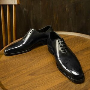 メンズビジネスシューズ　メンズシューズ　 紐靴　牛革　本革　革靴　フォーマル　紳士靴　イギリス風　通勤　快適　ブラック　25.5cm