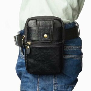 ベルトポーチ メンズ バッグ チャック スマホポーチ フロントポケット付き pu革 ミニバッグ レトロ風 軽量 薄い ブラック