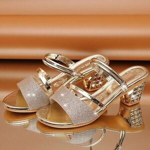  open sandals sandals lady's slim stylish Kirakira women's shoes summer beautiful legs high heel Gold 25cm