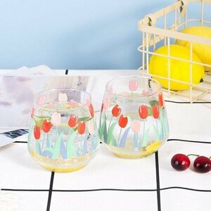 ジュースカップ　花柄水グラス　チューリップ柄グラス　キッチン　雑貨　食器　2点セット　
