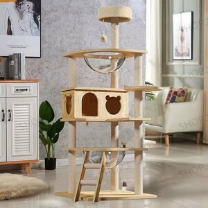  cat tower transparent space ship strong .. put wooden flax cord nail .. ball cat bed large wood grain many head .... put type nail .. cat tower height 145cm