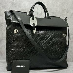 極美品●DIESEL ディーゼル メンズ 大容量 2WAY トートバッグ ショルダーバッグ ビジネスバッグ モノグラム エンボスロゴ レザー A4可 黒