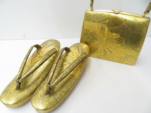 { Kyoto one shining .}[ kimono ] kimono small articles zori bag set unused goods mother-of-pearl gold paint . boxed 23.5cm 24W-3097