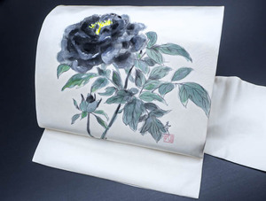 Art hand Auction Kyoto Ikkido [Kimono] Obi Nagoya de 9 pulgadas, trabajo del artista, con firma, patrón floral pintado a mano, 24B-722, banda, Nagoya Obi, Confeccionado