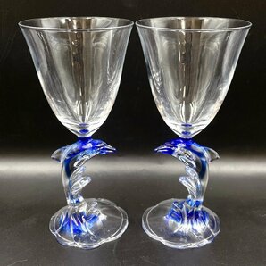 クリスタルダルク イルカ ワイングラス ペア グラス ブルー /食器 現状品 （HA052）の画像1
