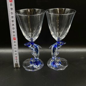 クリスタルダルク イルカ ワイングラス ペア グラス ブルー /食器 現状品 （HA052）の画像7