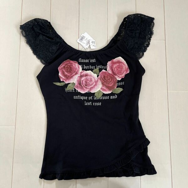 L'EST ROSE レストローズ オフショル Tシャツ　カットソー　レース　黒 薔薇　ラメ　サイズ2