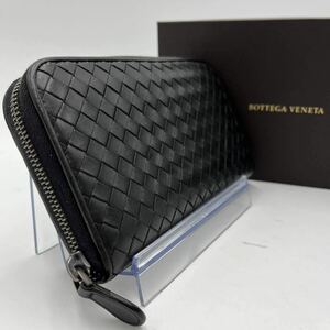 1円●美品●BOTTEGA VENETA ボッテガヴェネタ 長財布 イントレチャート ラウンドウォレット ジップ レザー ブラック 黒 メンズ 男女兼用