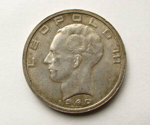 ◆ベルギー王国【レオポルド３世 ５０フラン銀貨】1940年