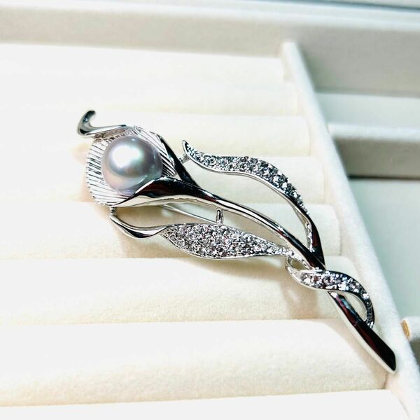 5A本真珠 冠婚葬祭 天然 淡水パール czダイヤモンド セミラウンド型 真珠 ブローチ 925シルバー 12.5mm 淡水本真珠