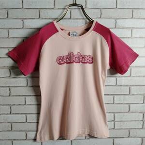 adidas☆Tシャツ　ラグランTシャツ　スポーツウェア　トレーニングウェア　クルーネック　ビッグロゴプリント　ピンク　レディース　Ｓ