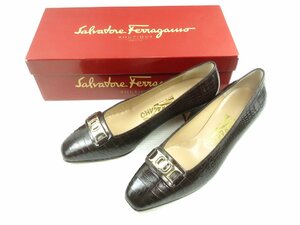 ♪Salvatore Ferragamo サルヴァトーレフェラガモ クロコ型押し レディース パンプス 6D♪USED良品