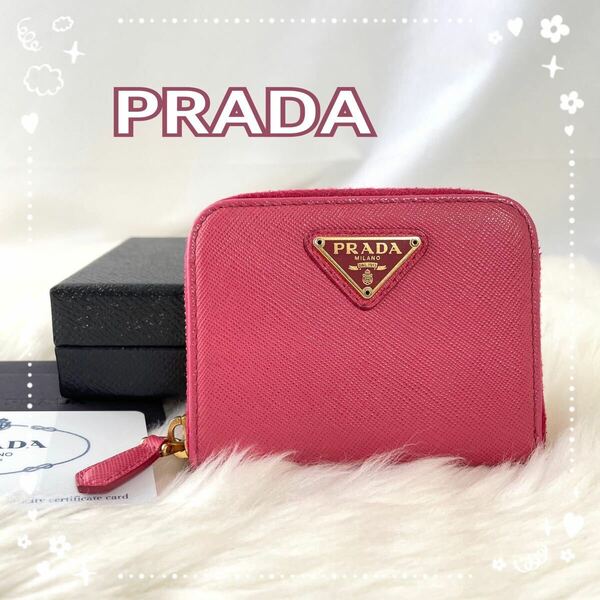 【箱付・美品】PRADA　プラダ　ピンク　コインケース　ラウンドジップ　小銭入れ　サフィアーノ　三角プレート　450